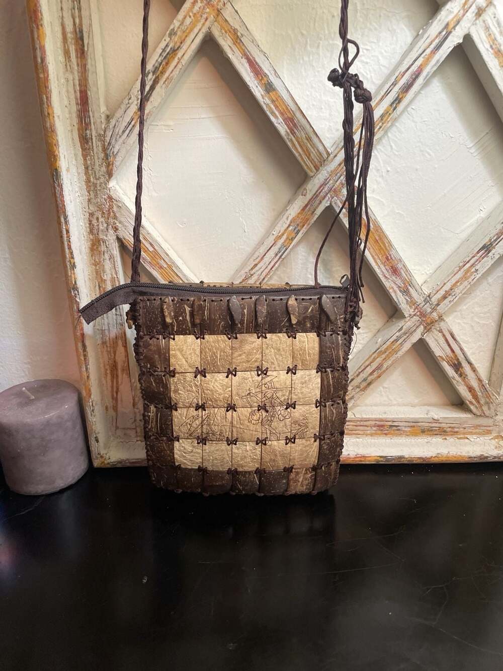 Handmade Coconut Shell Crossbody Bag with Etched Scene